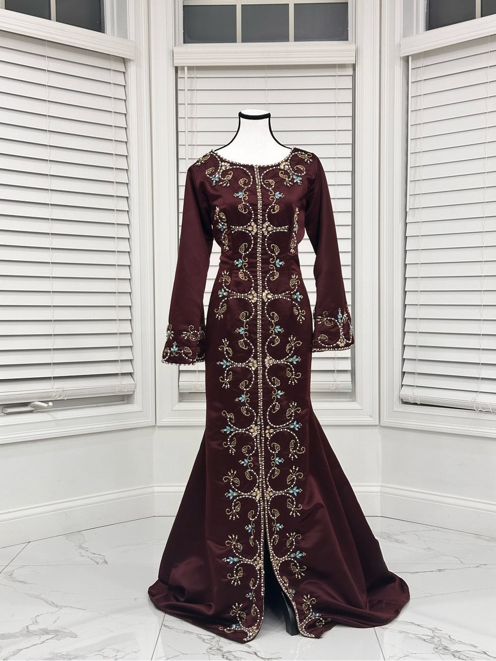 Embroidered Burgundy Evening Gown